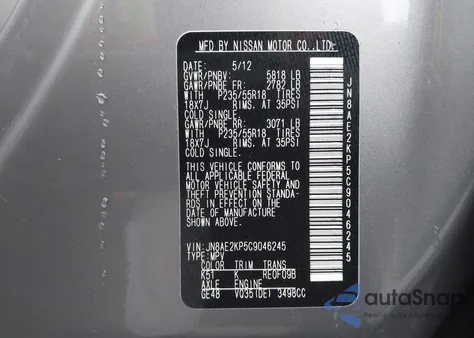 2012 Nissan Quest Sl from USA, damaged, VIN JN8AE2KP5C9046245